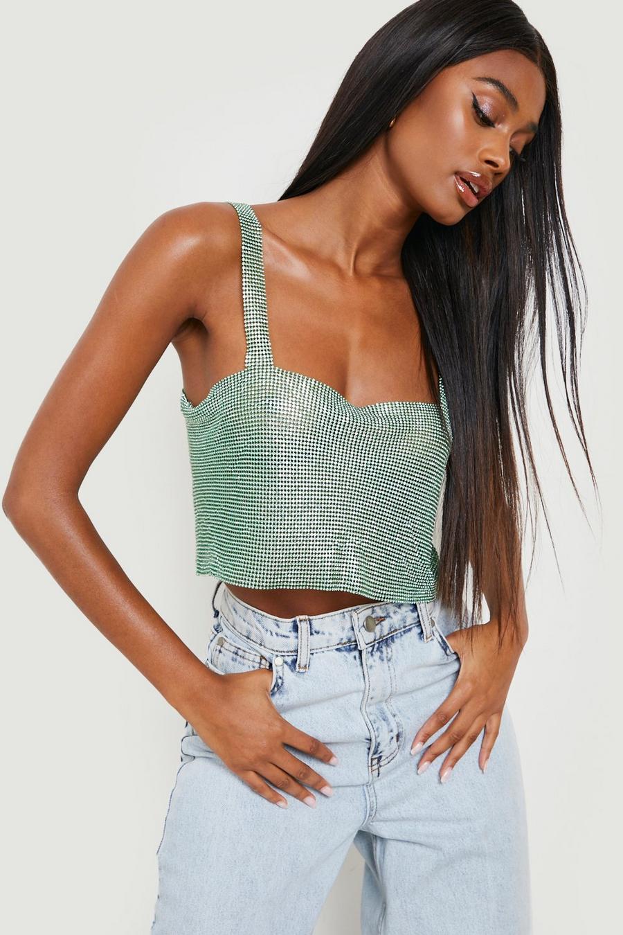Green Diamante Chainmail Square Neck Crop  image number 1