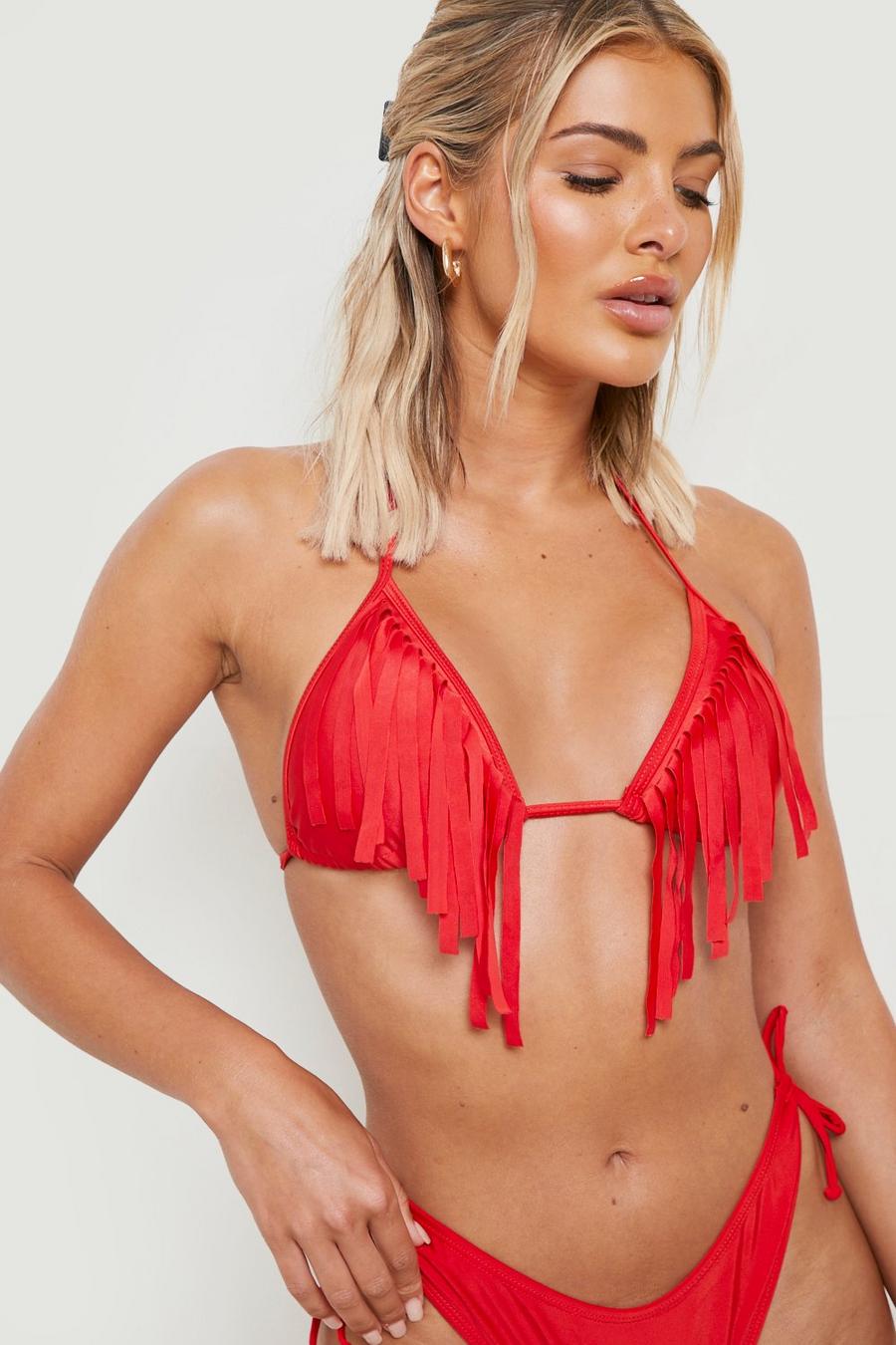Red Fringe Triangle Bikini Top