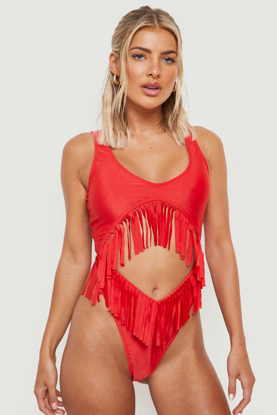 Red Fringe Cut Out Tie Front Swimsuit image number 1