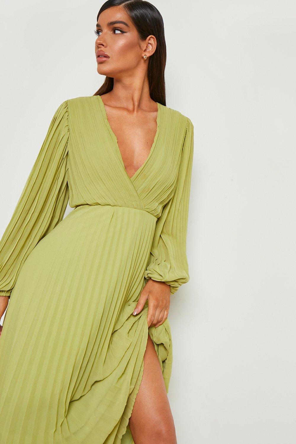 Pleated Chiffon Wrap Maxi Dress