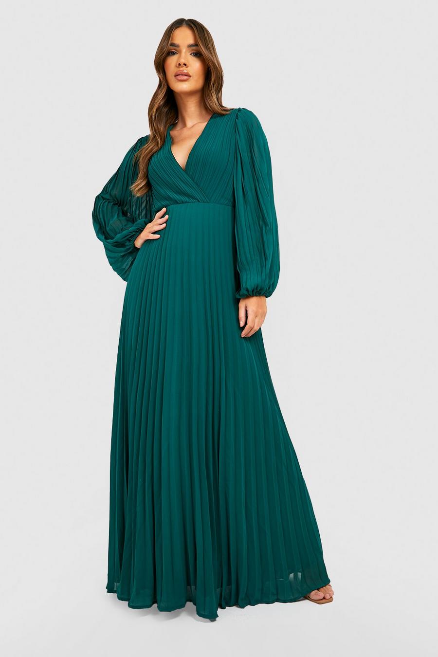 Emerald Pleated Chiffon Wrap Maxi Dress