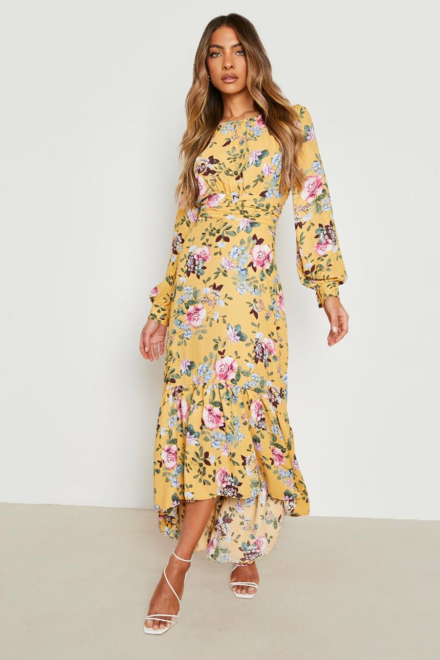 Yellow Floral Drop Hem Ruched Maxi Dress image number 1