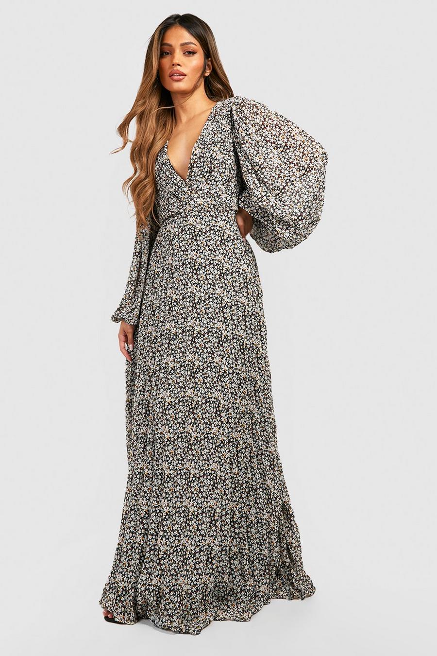 Navy Floral Pleated Wrap Maxi Dress