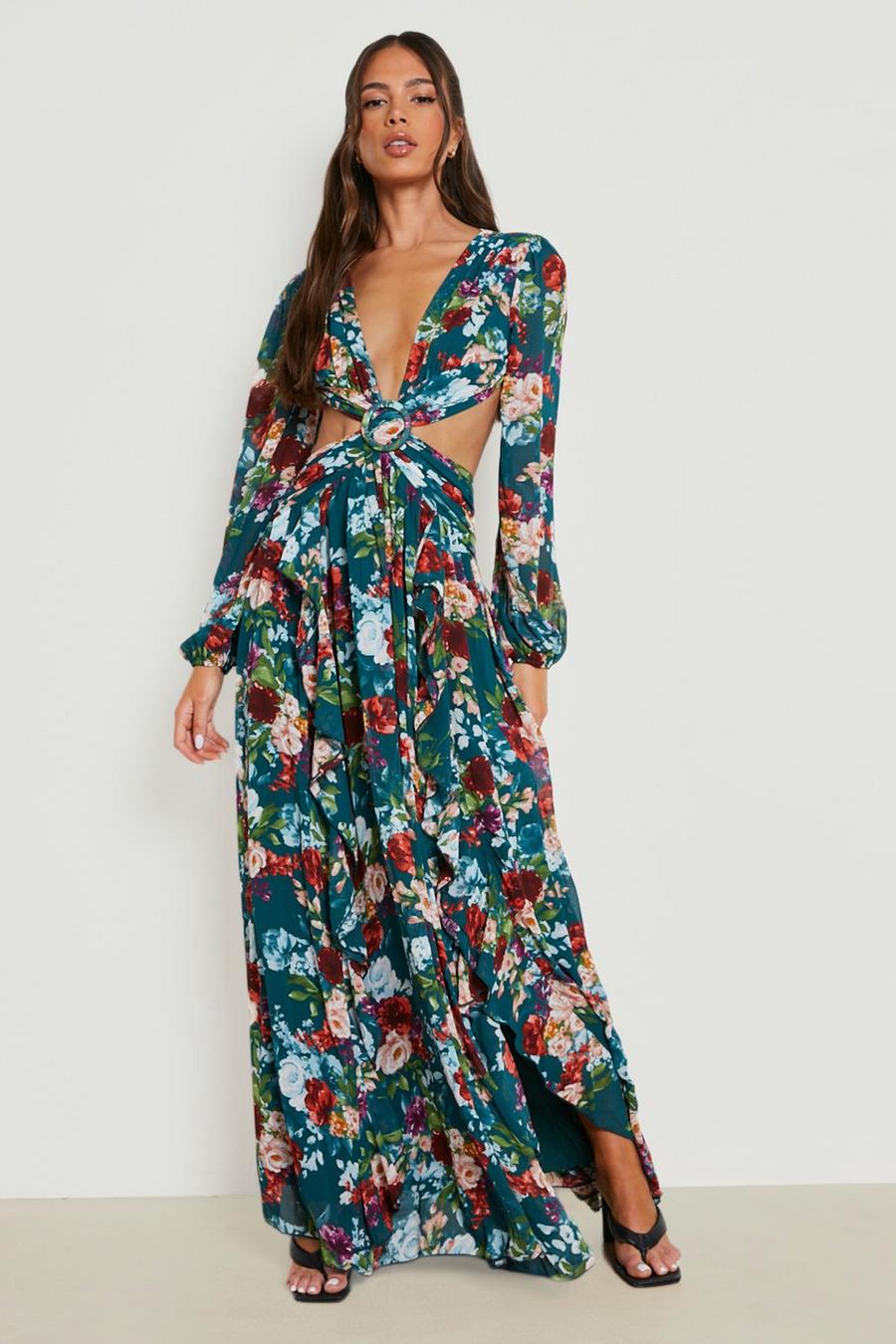 Green Floral Cut Out Open Back Maxi Dress
