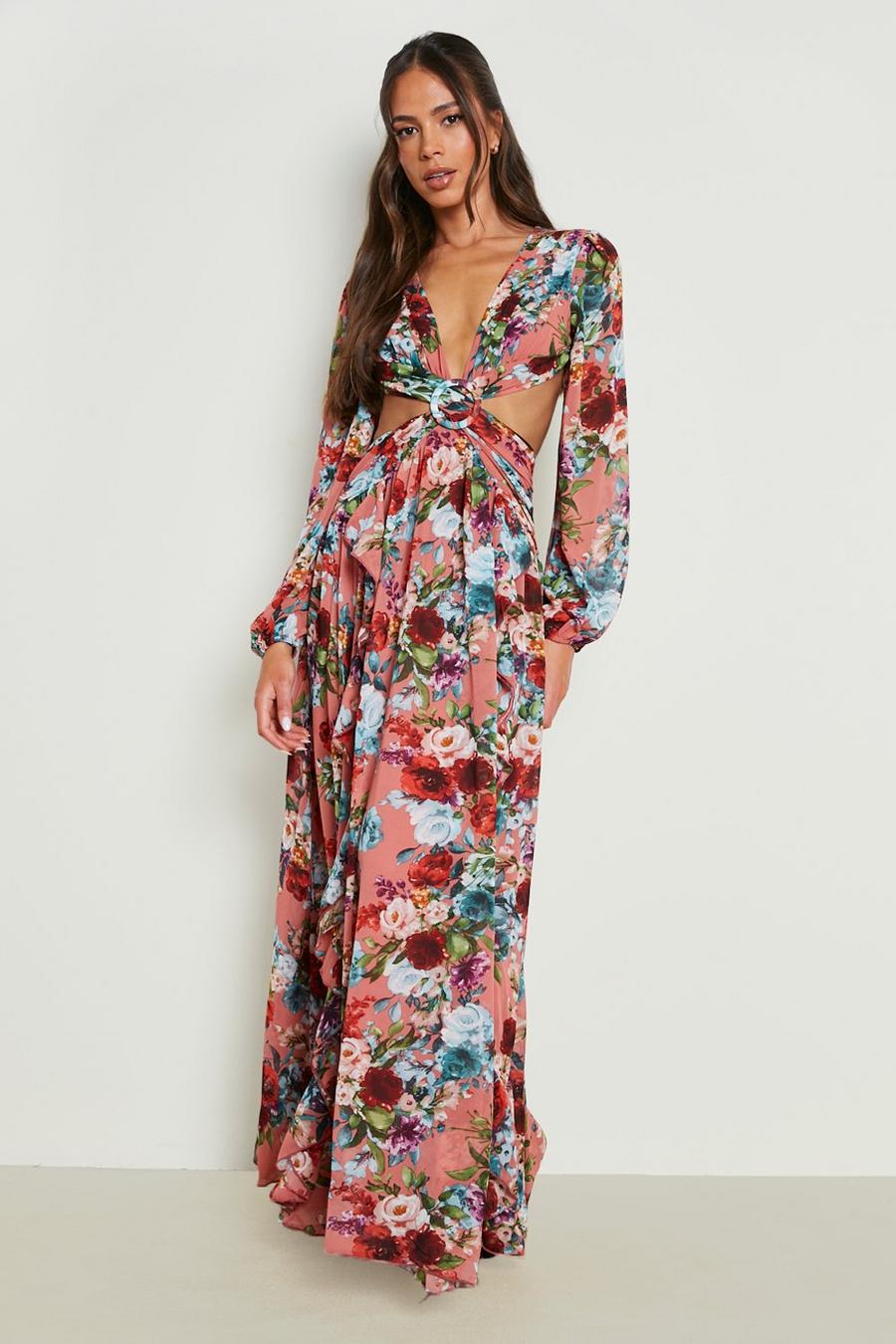 Pink Floral Cut Out Open Back Maxi Dress