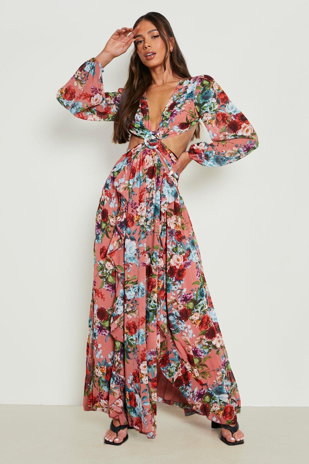 Floral Cut Out Open Back Maxi Dress