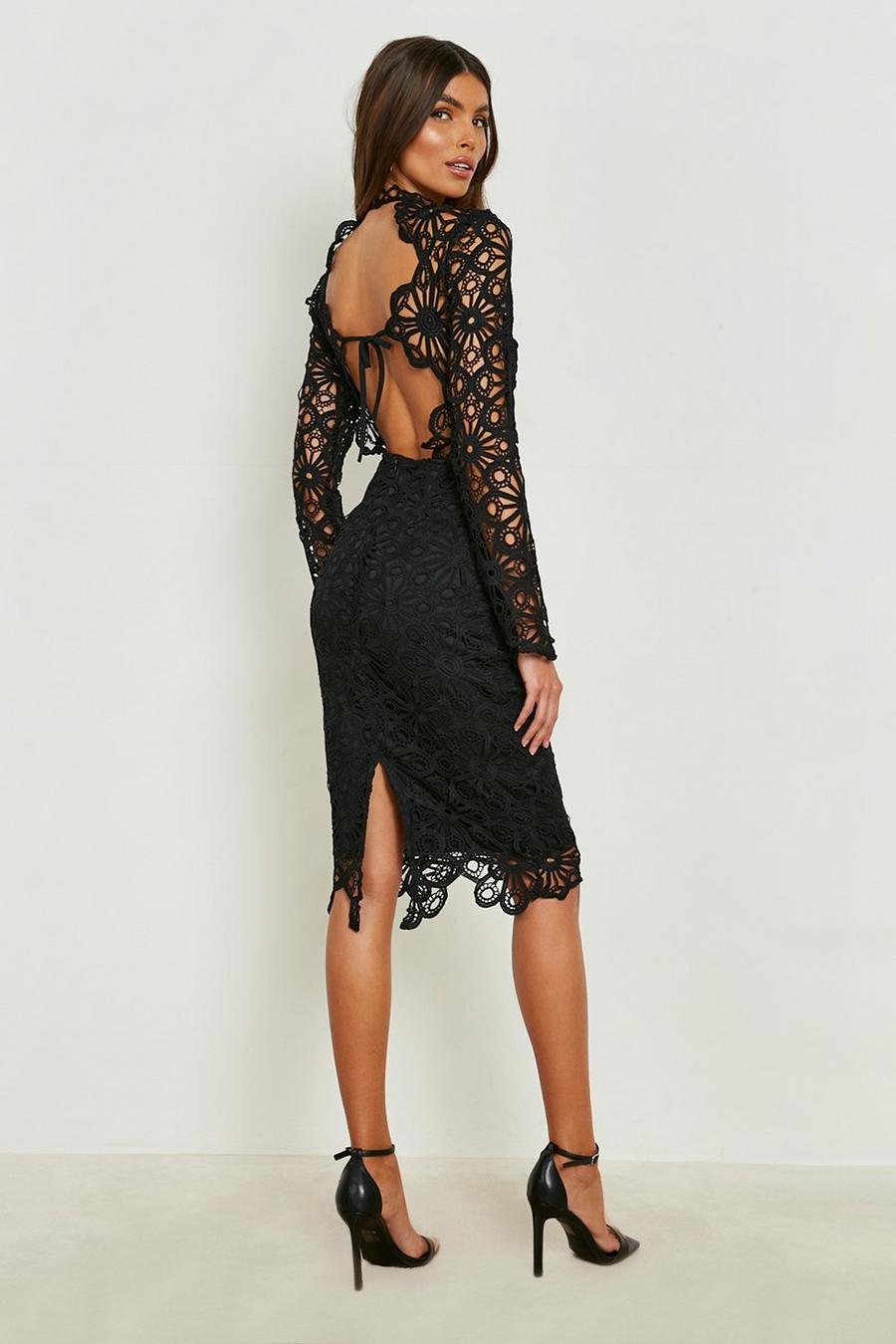 Black Crochet Lace Open Back Midi Dress image number 1