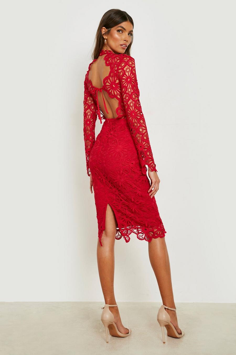 Red Crochet Lace Open Back Midi Dress
