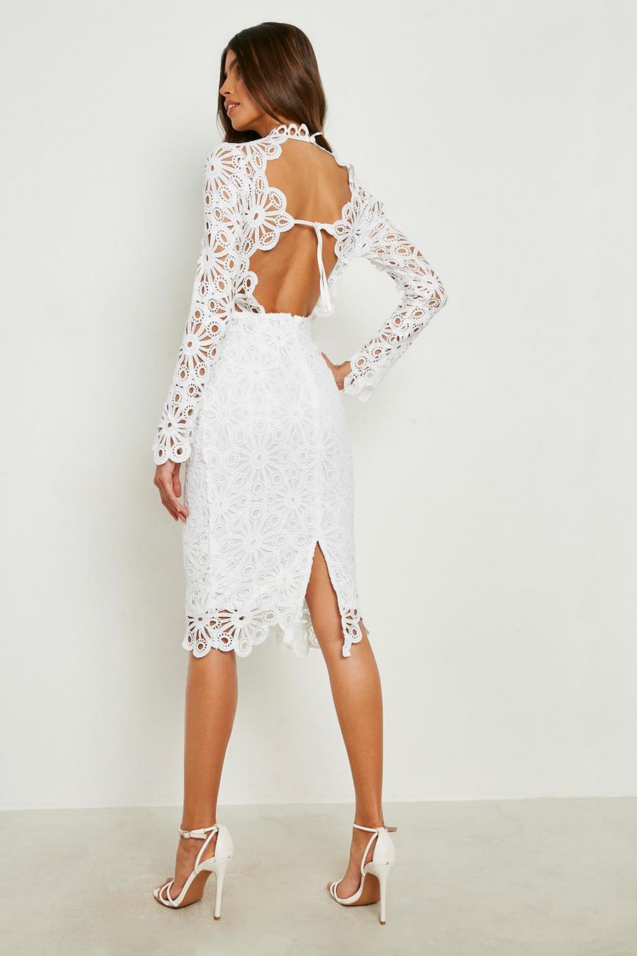 White Crochet Lace Open Back Midi Dress image number 1