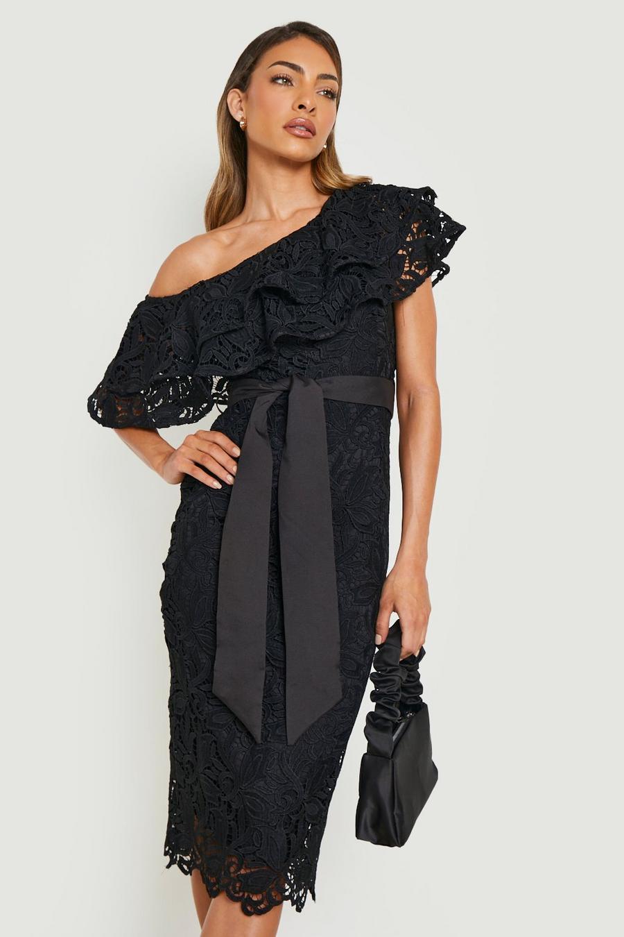 Black Crochet Lace Asymmetric Frill Midi Dress image number 1