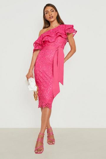Crochet Lace Asymmetric Frill Midi Dress hot pink