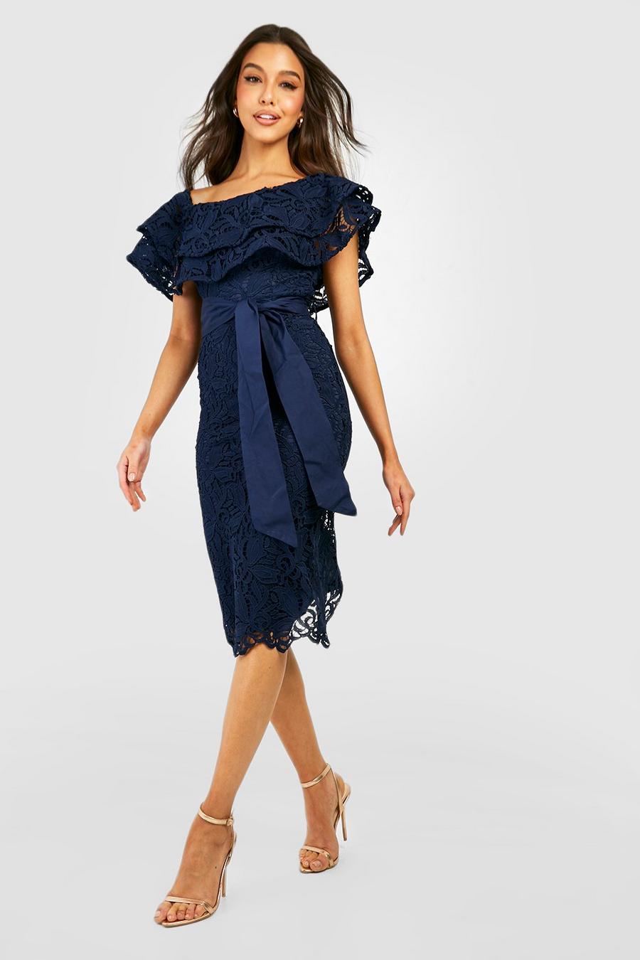 Crochet Lace Asymmetric Frill Midi Dress