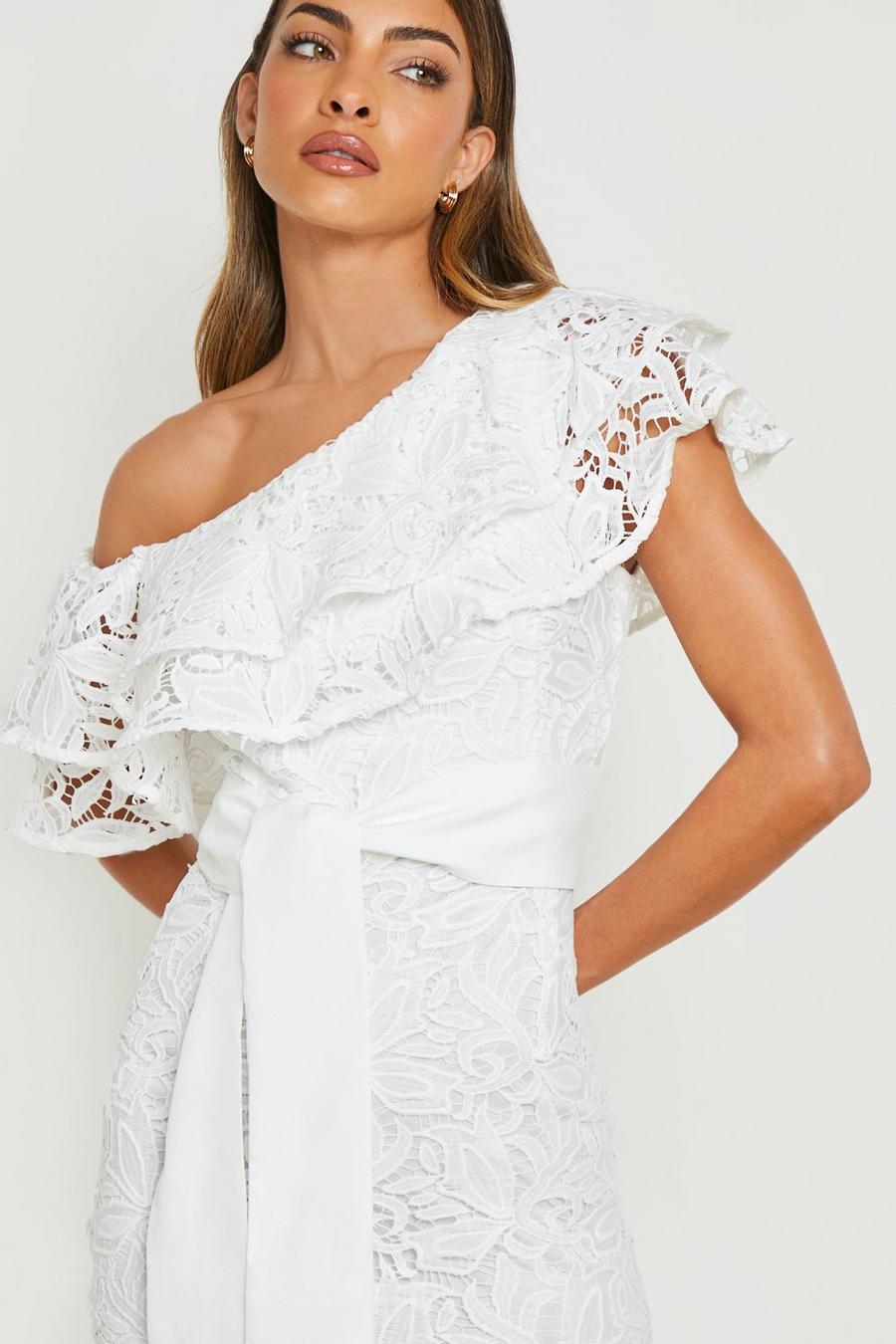 White Crochet Lace Asymmetric Frill Midi Dress