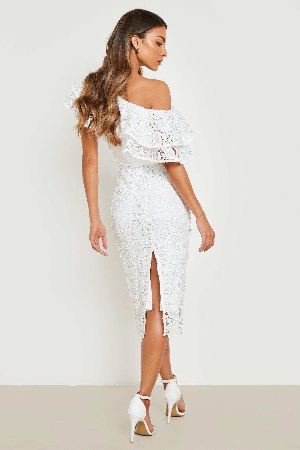 White bardot clearance frill midi dress