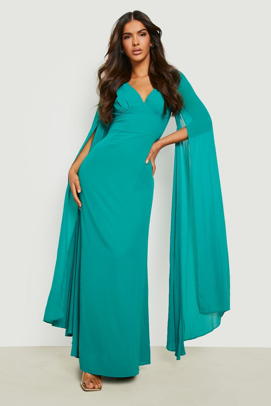 Green Chiffon Cape Sleeve Maxi Dress image number 1
