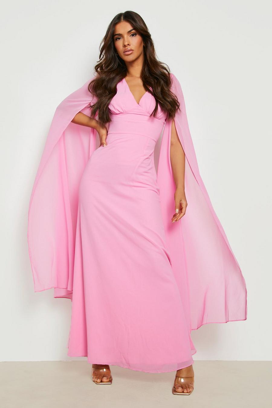 Pink Chiffon Cape Sleeve Maxi Dress