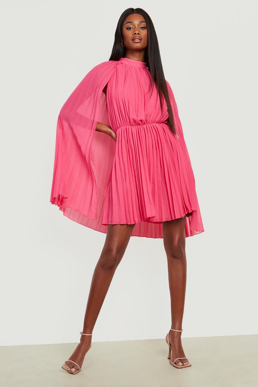 Hot pink Pleated Chiffon High Neck Skater Dress