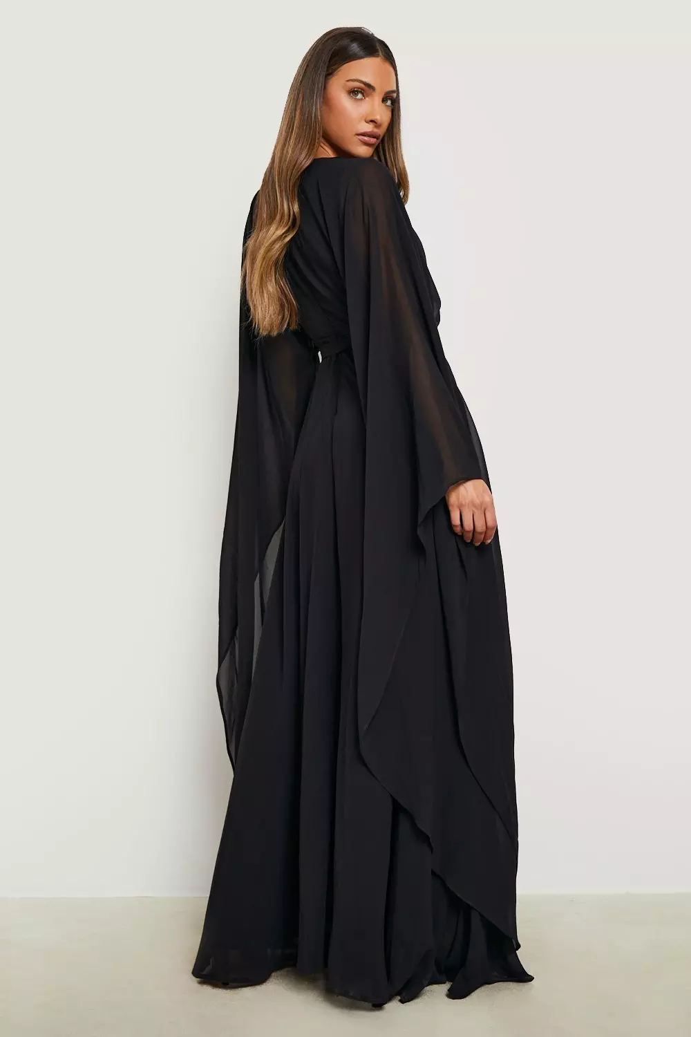 Cape sleeve high slit plain chiffon maxi on sale dress