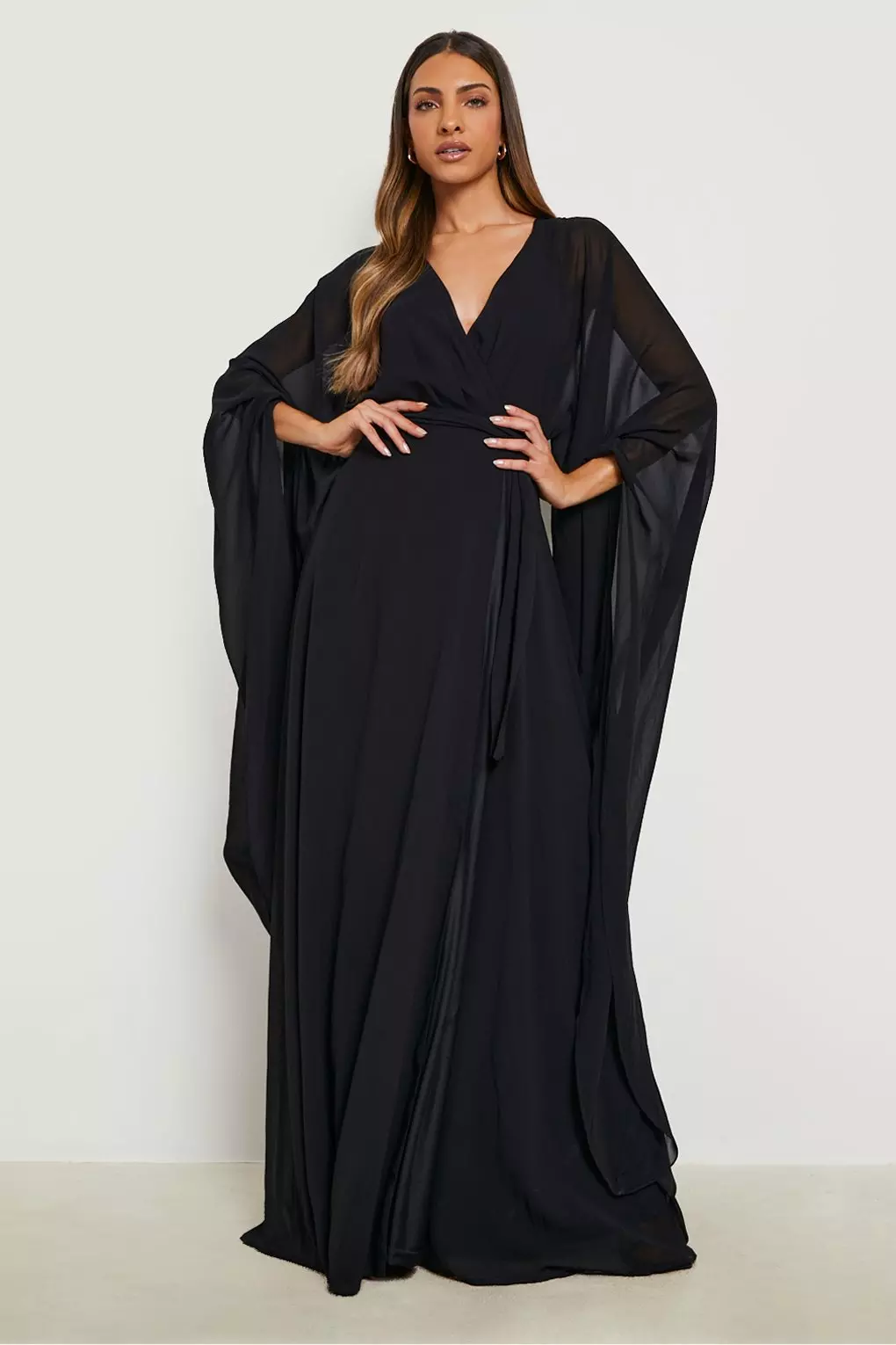 Cape sleeve high slit plain chiffon maxi on sale dress