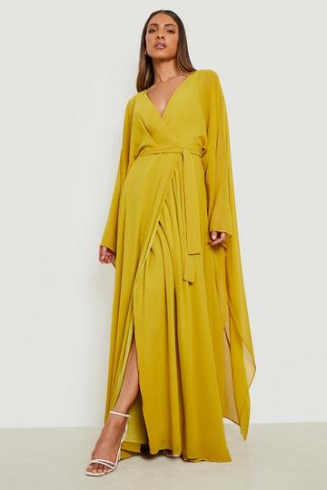 Chartreuse Yellow Chiffon Wrap Cape Sleeve Maxi Dress