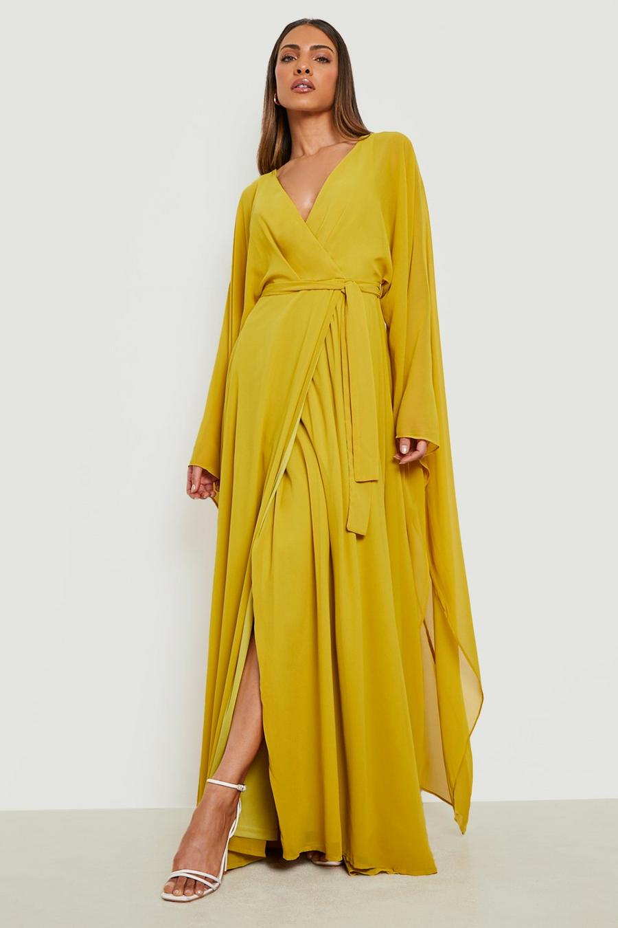 Chartreuse gul Chiffon Wrap Cape Sleeve Maxi Dress