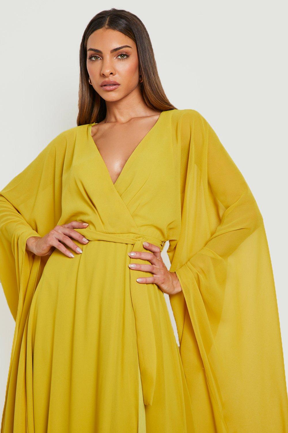 Chiffon Wrap Cape Sleeve Maxi Dress