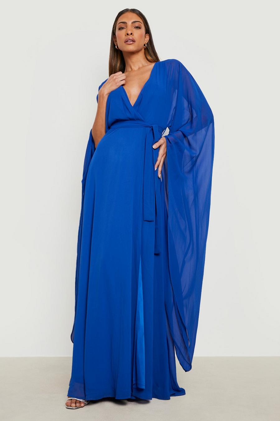 Cobalt Chiffon Wrap Cape Sleeve Maxi Dress image number 1