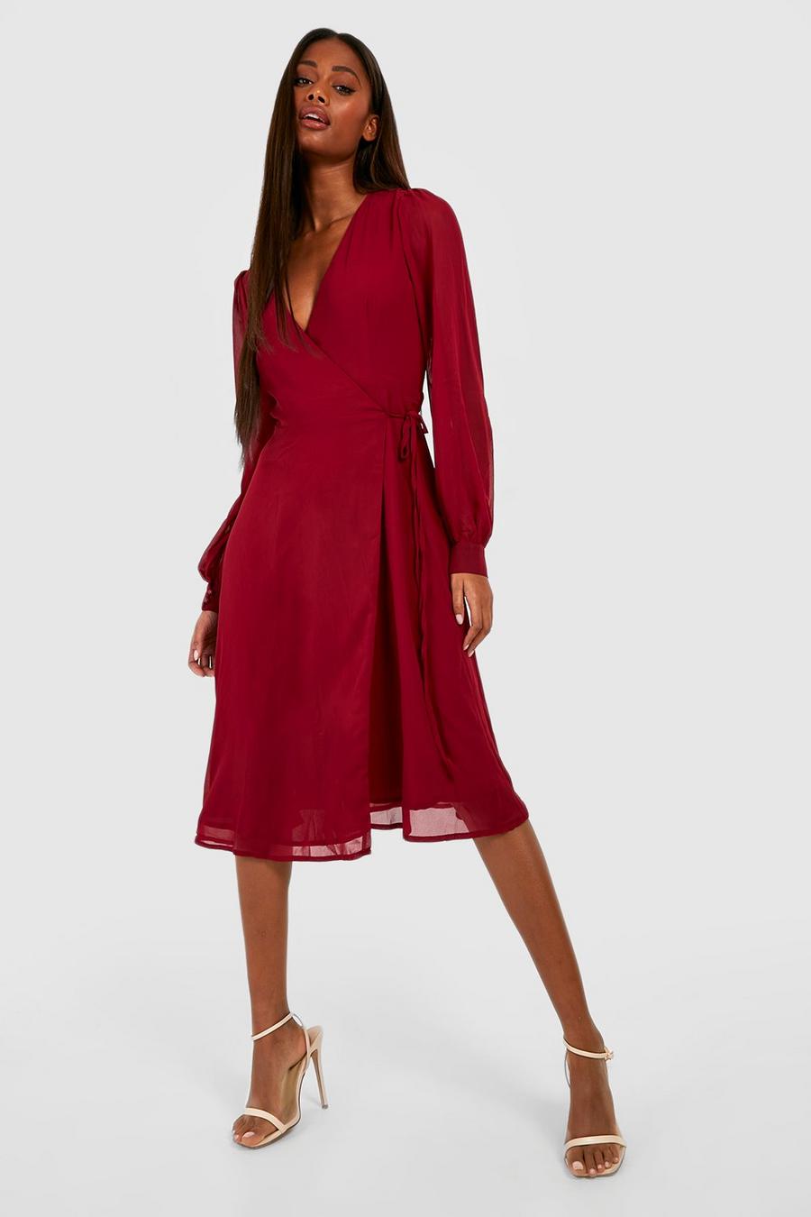 Berry Chiffon Wrap Long Sleeve Midi Dress image number 1