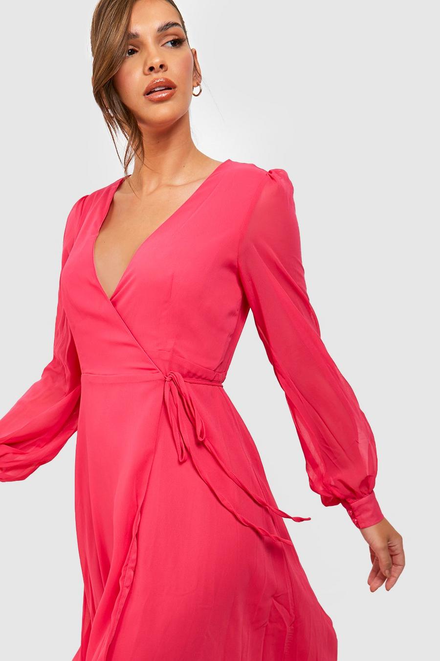 Hot pink rosa Chiffon Wrap Long Sleeve Midi Dress