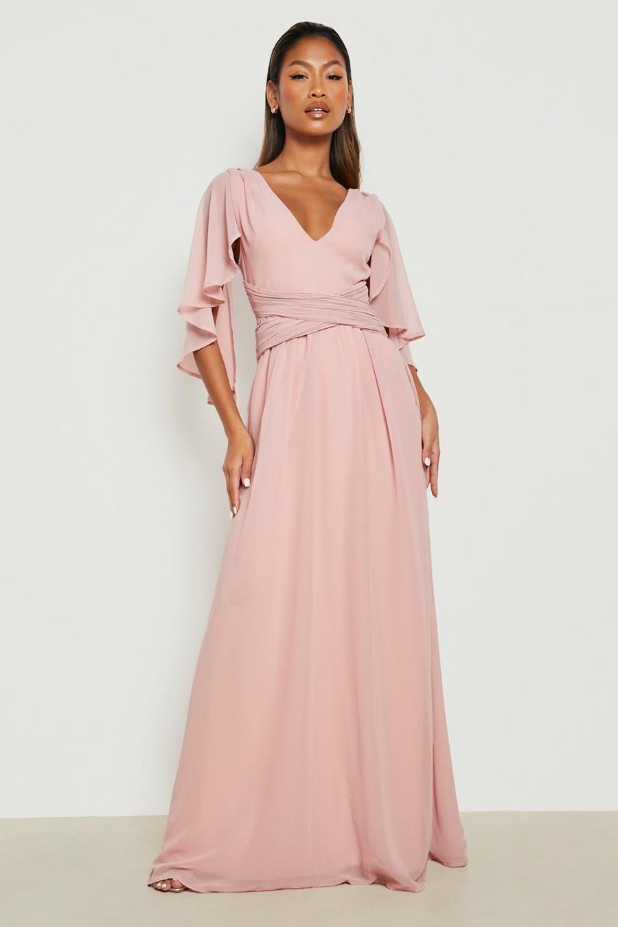 Blush Chiffon Bridesmaid Angel Sleeve Wrap Maxi Dress image number 1