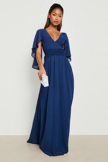 Navy Chiffon Bridesmaid Angel Sleeve Wrap Maxi Dress