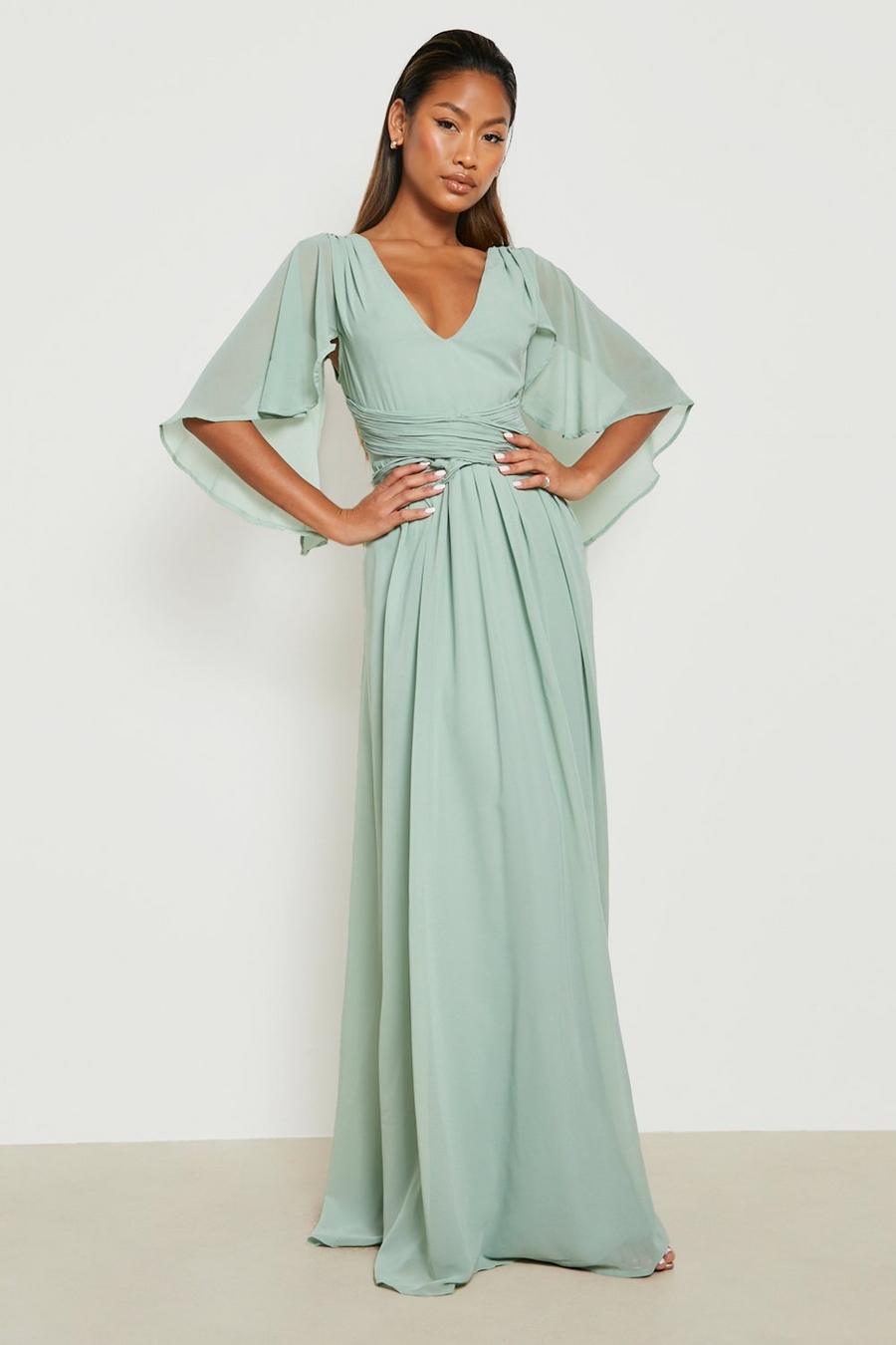 Sage green Chiffon Bridesmaid Angel Sleeve Wrap Maxi Dress image number 1