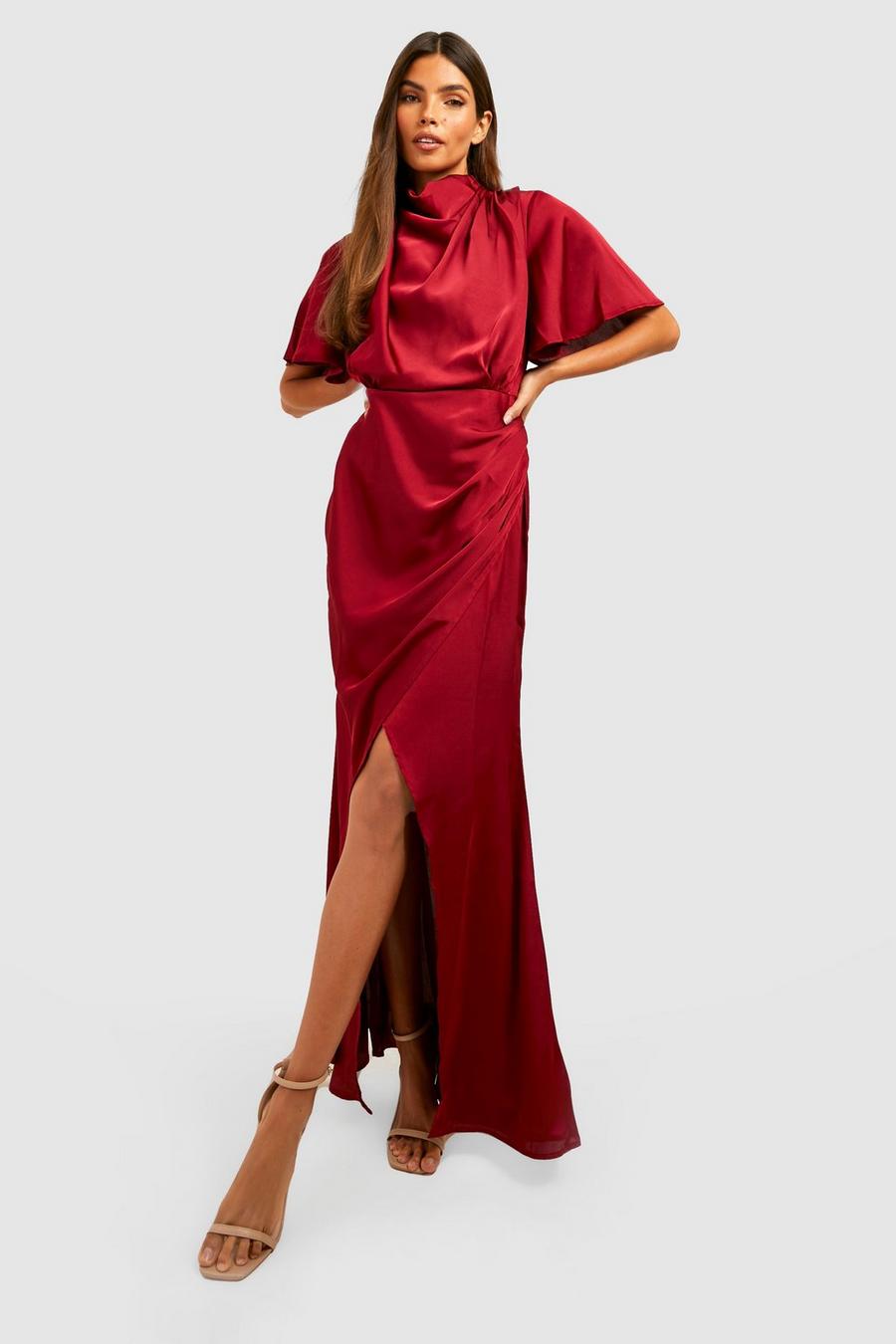 Berry Satin Cowl Neck Wrap Maxi Dress image number 1