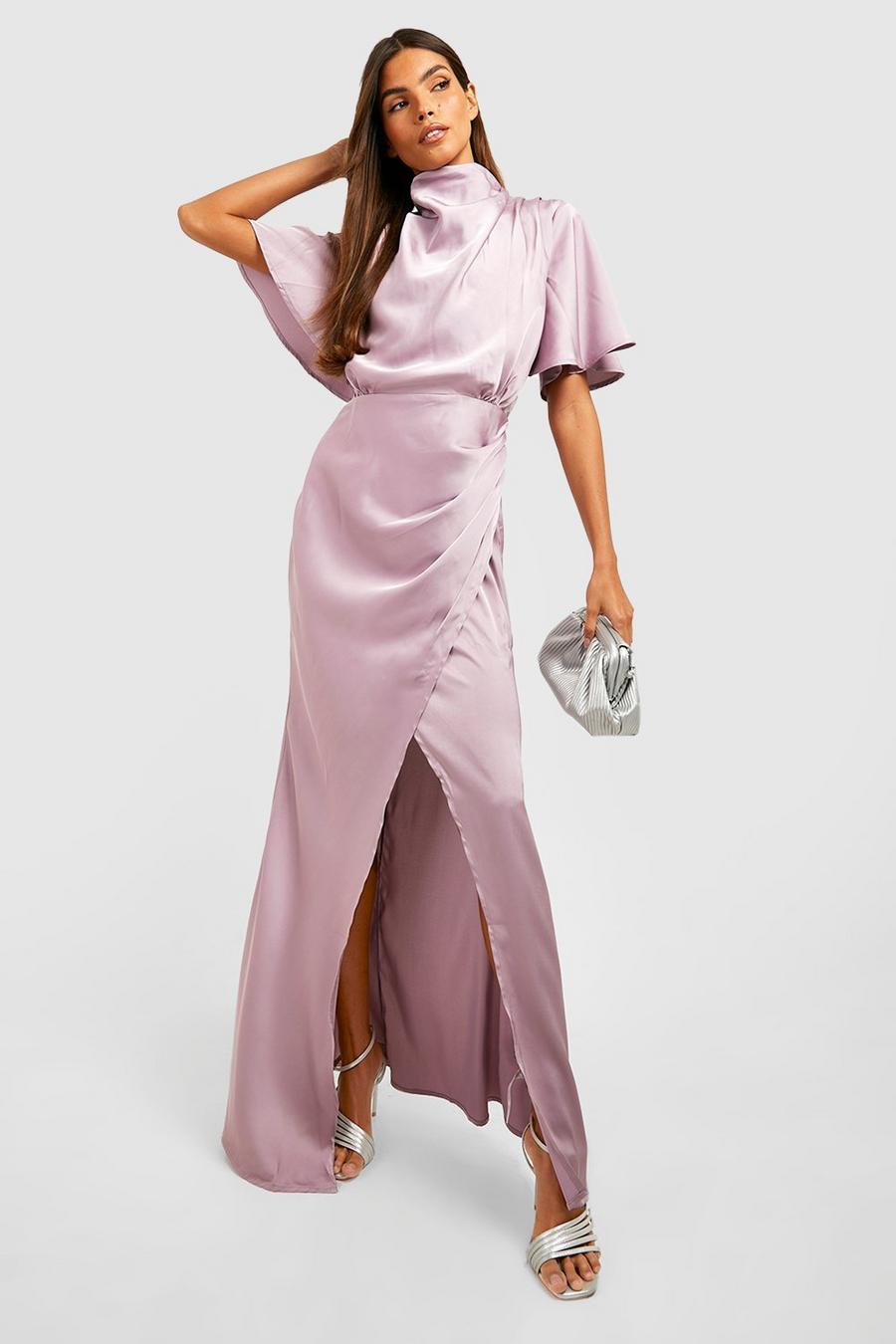 Lilac purple Satin Cowl Neck Wrap Maxi Dress