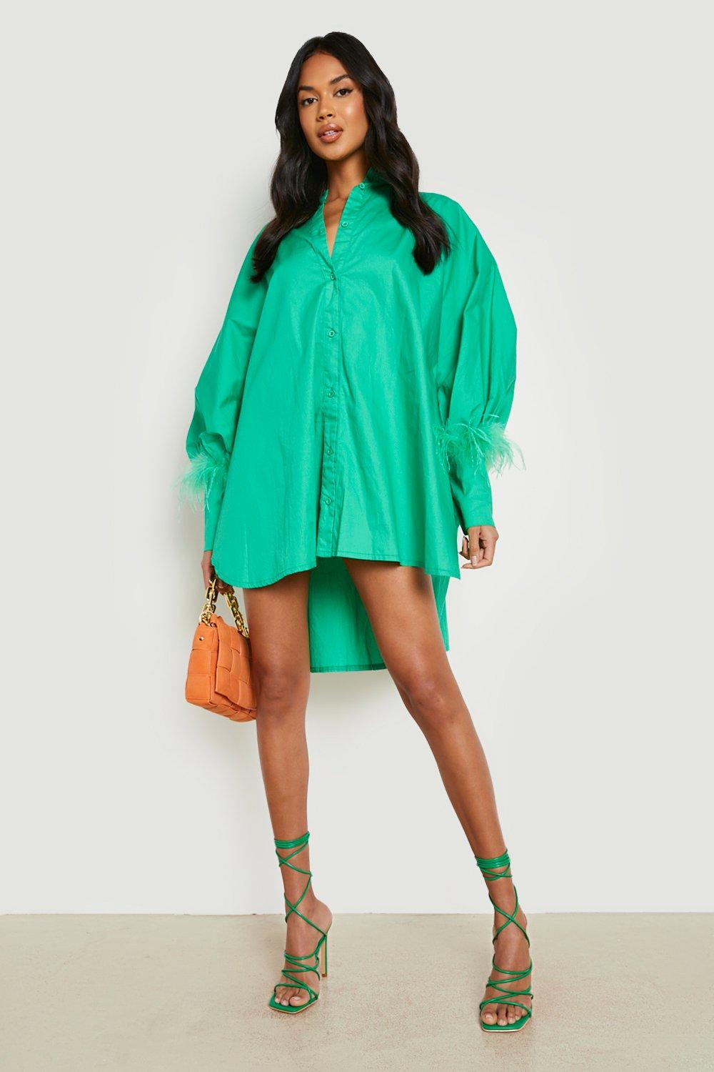Green Textured Gathered Detail Long Sleeve Shirt Dress, 50% OFF