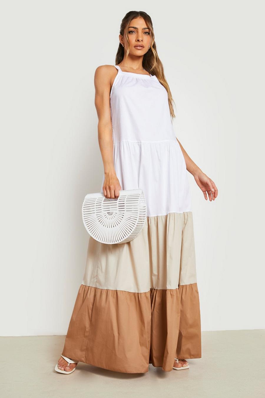 Taupe Cotton Poplin Color Block Strappy Maxi Dress image number 1