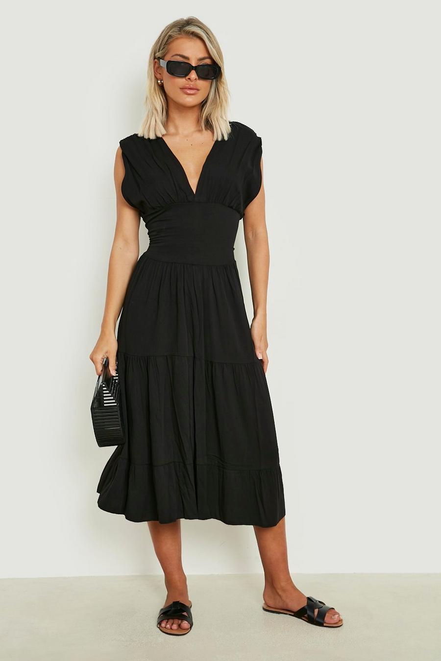 Black Woven Plunge Tiered Midi Dress image number 1