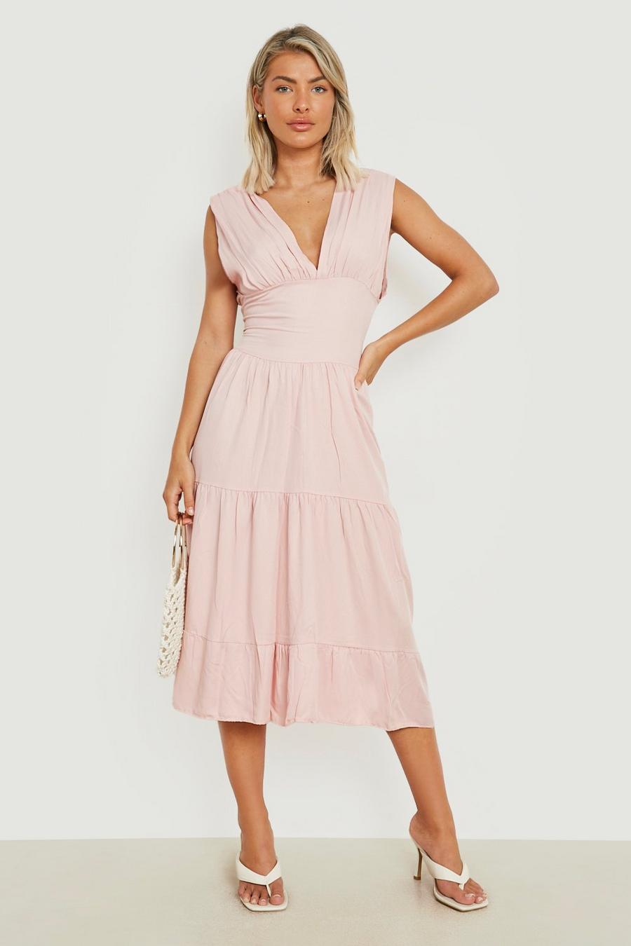 Blush Woven Plunge Tiered Midi Dress image number 1