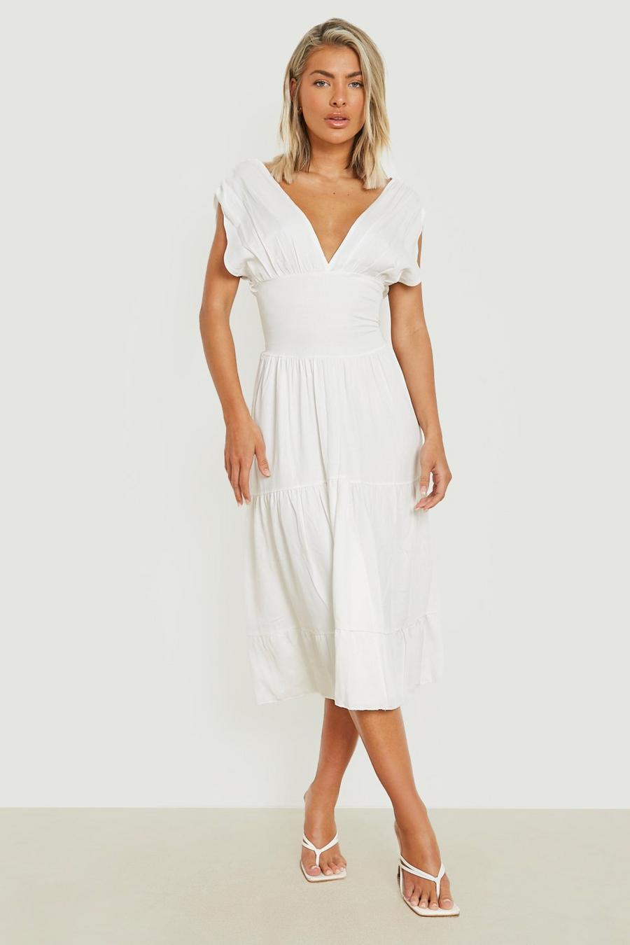 Ivory white Woven Plunge Tiered Midi Dress