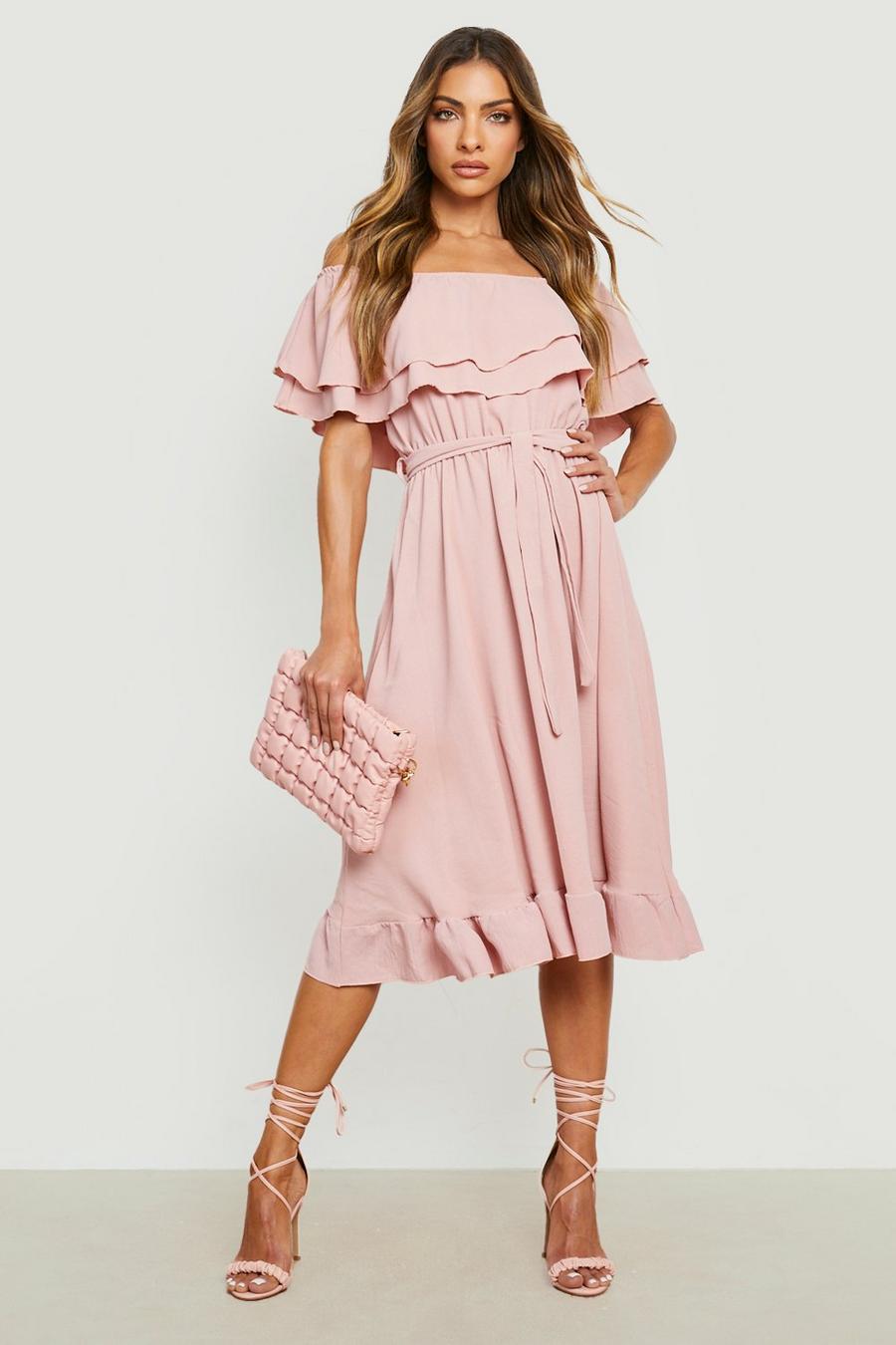 Blush pink Off The Shoulder Ruffle Midi Dress