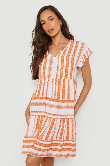 Aztec Tiered Ruffle Smock Dress orange