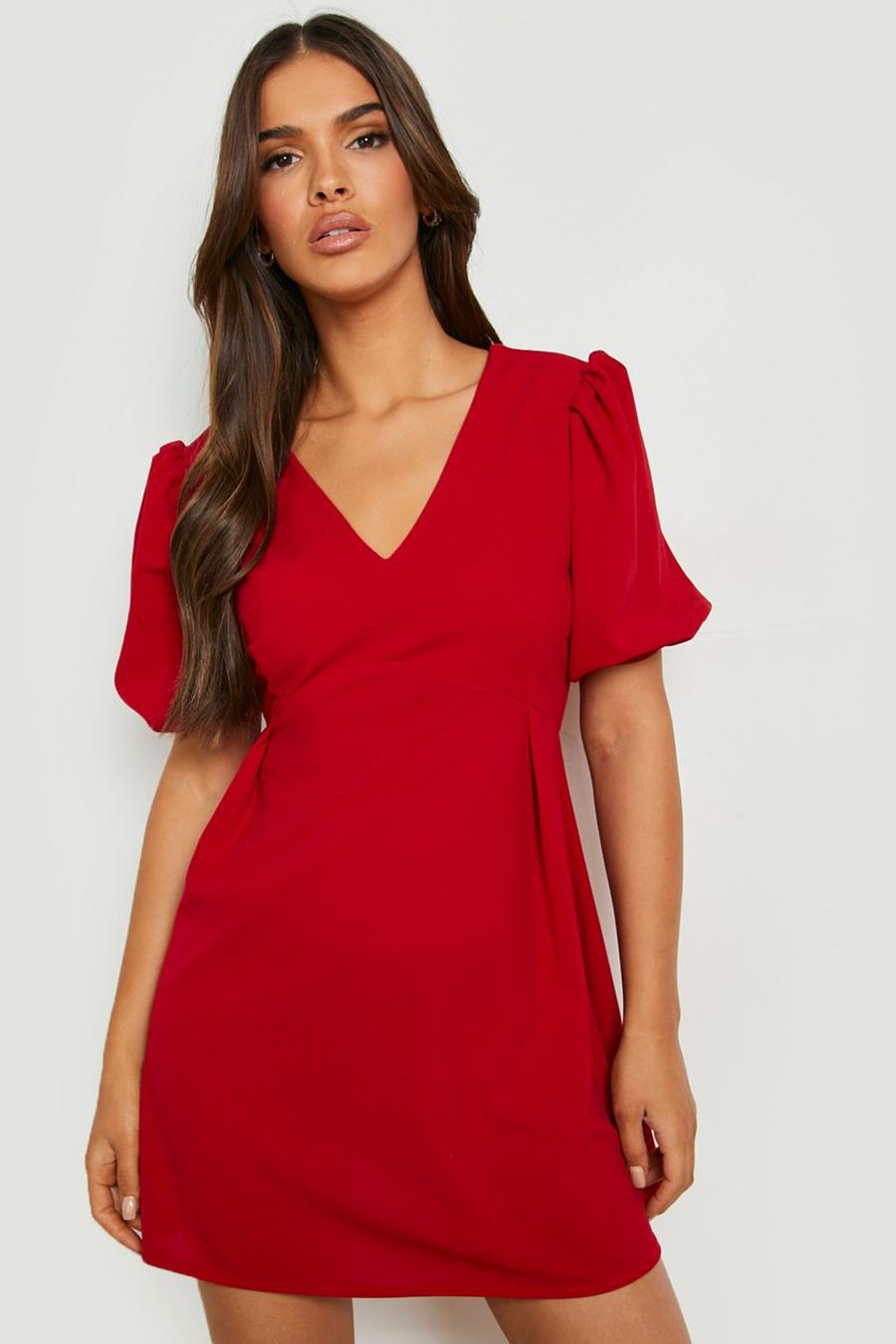 Red rouge Puff Sleeve Plunge Skater Dress