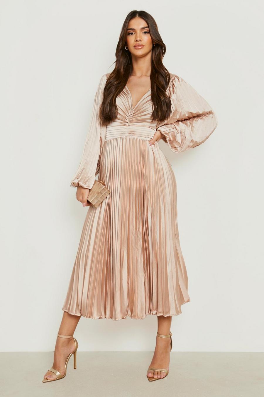 Champagne Satin Pleated Plunge Midaxi Dress
