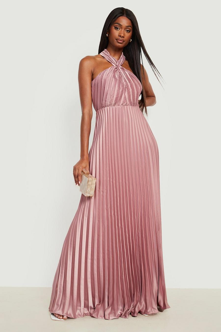 Blush pink Satin Bridesmaid Pleated Halterneck Maxi Dress