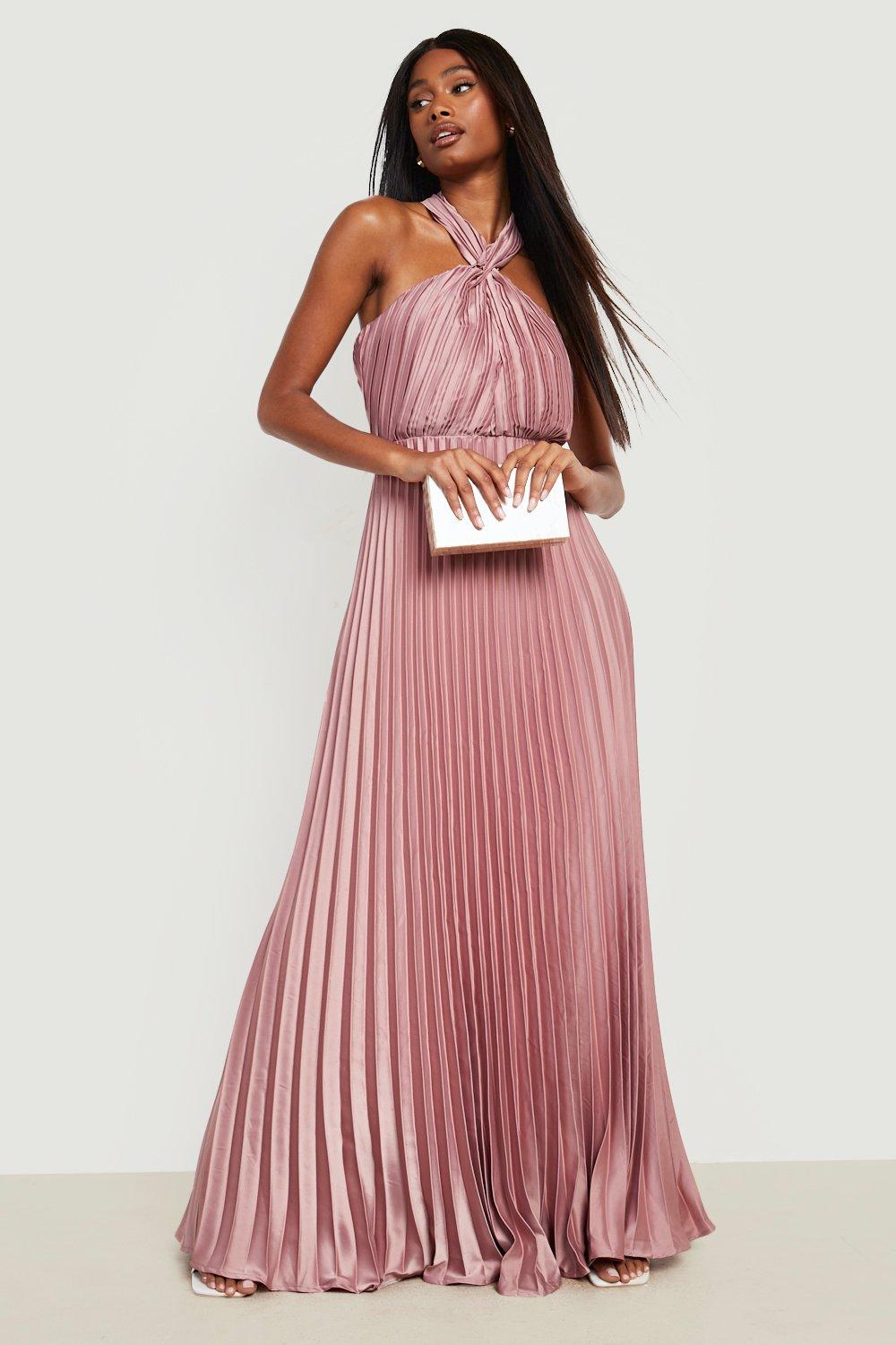 Satin Bridesmaid Pleated Halterneck Maxi Dress | boohoo