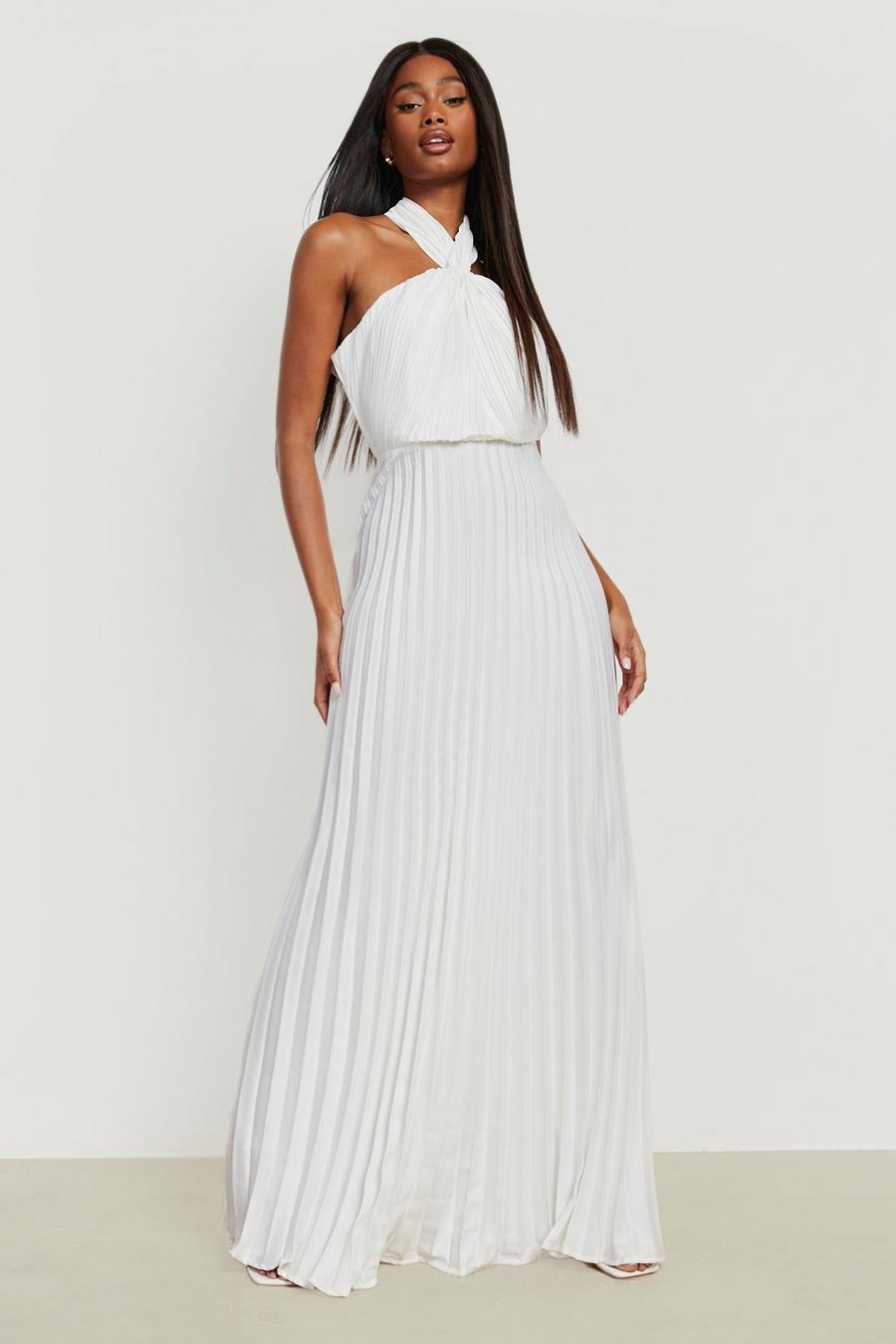 Ivory white Satin Bridesmaid Pleated Halterneck Maxi Dress image number 1