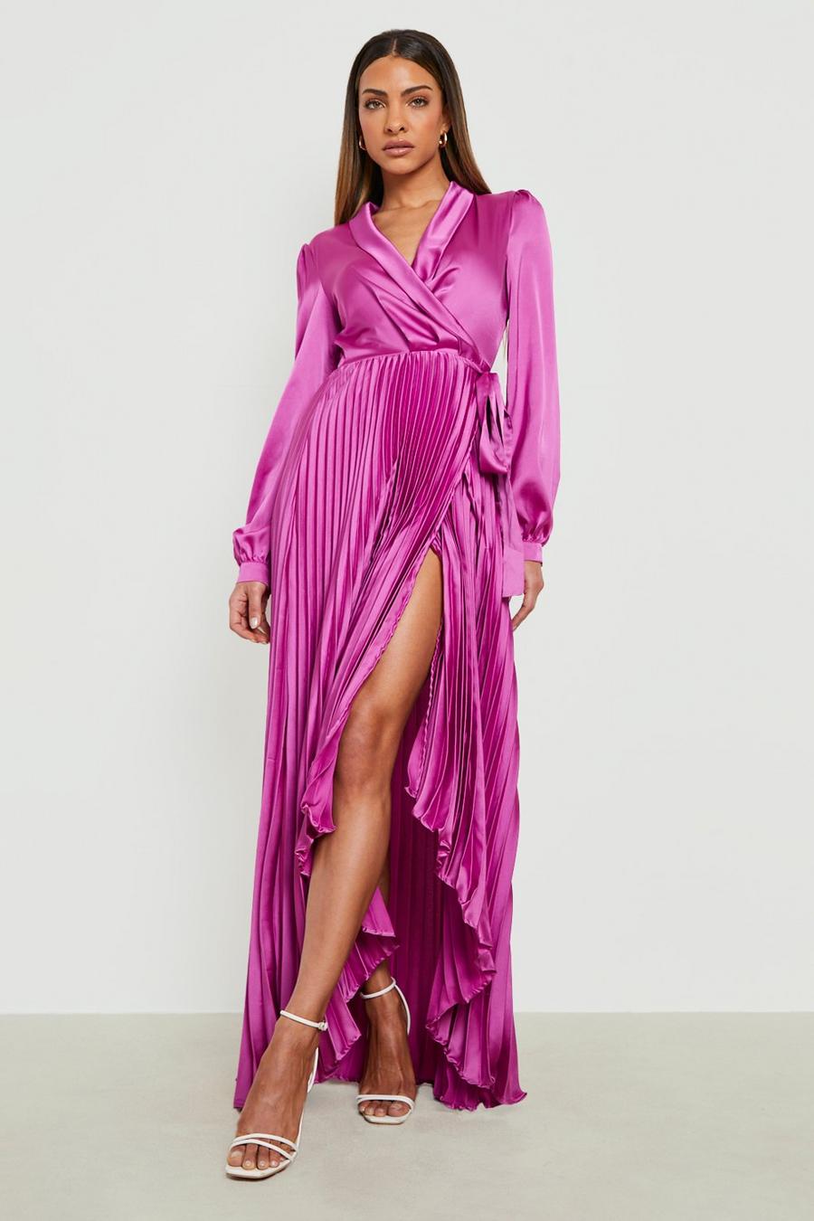 Magenta Satin Pleated Wrap Belted Maxi Dress image number 1