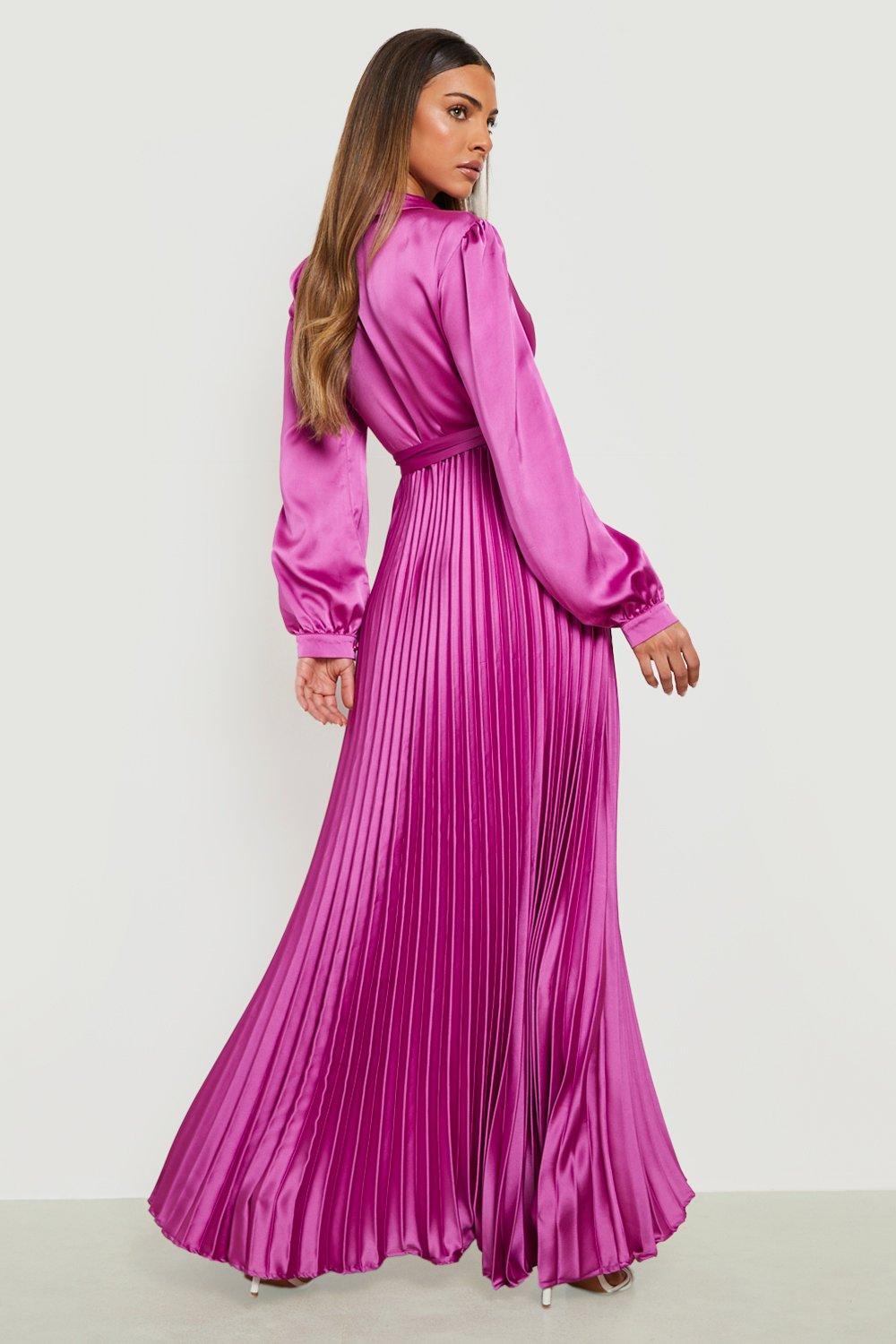 Satin Pleated Wrap Belted Maxi Dress