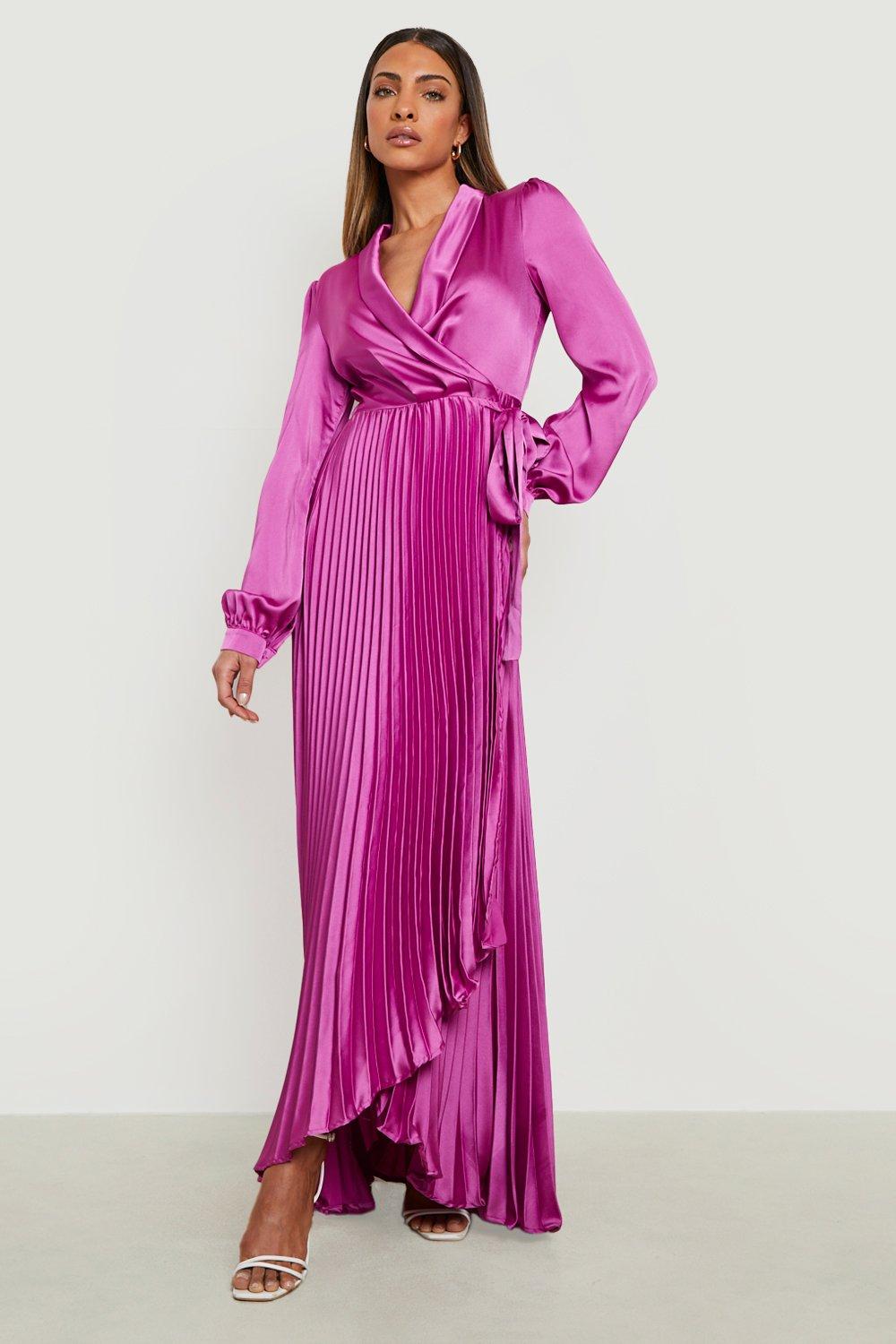 Satin Pleated Wrap Belted Maxi Dress boohoo UK