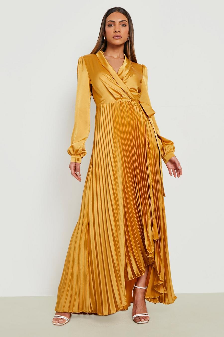 Mustard yellow Satin Pleated Wrap Belted Maxi Dress